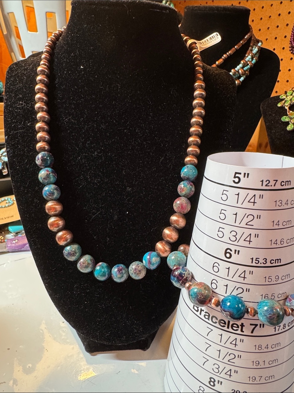 Blue-Green sea sediment Jasper and Copper Bead Necklace with same Bracelet Set
